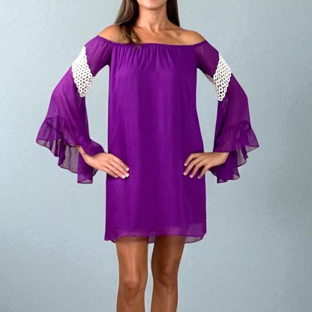 VAVA BY JOY HAN PURPLE OFF SHOULDER CROCHET DRESS